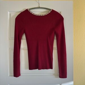 Elegant Red Ribbed Women's Sweater with Pearl and Rhinestone Accents